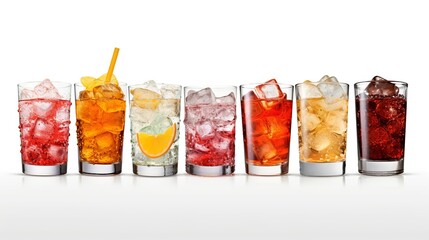 Cocktails in a row with ice cubes on a white background - obrazy, fototapety, plakaty