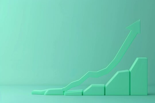 An image showing a green graph with a higher arrow on an isolated background, illustrating analytics, online investment exchange, and finance business economics concept. 