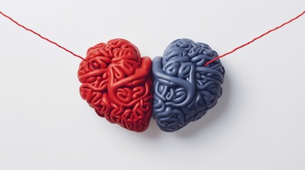 Human brain and red heart on white background. Concept of mental health - obrazy, fototapety, plakaty