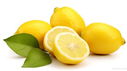 Lemons with green leaves on a white background. Isolated