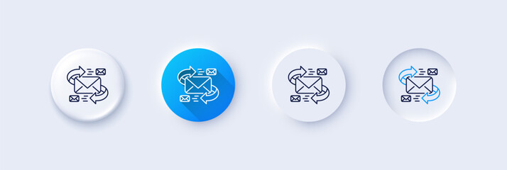 Mail line icon. Neumorphic, Blue gradient, 3d pin buttons. Communication by letters symbol. E-mail chat sign. Line icons. Neumorphic buttons with outline signs. Vector