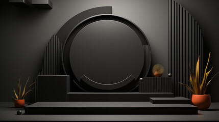 Black podium for product display on black background

