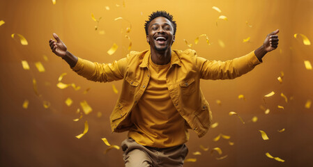 Hombre joven de origen africano saltando de alegría sobre fondo amarillo