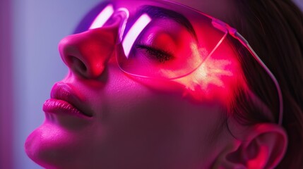 Woman in pink neon light with sunglasses, modern fashion concept. Studio portrait photography. Vibrant color and nightlife theme for poster and banner design