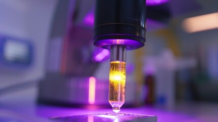 Automated pipetting system dispensing sample into a test tube with luminescent liquid. Modern laboratory automation technology concept. - obrazy, fototapety, plakaty