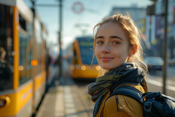 A woman standing in front of a yellow tram.