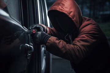 Car thief using slim jim to break into vehicle