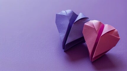 Origami paper hearts on a purple background. Close-up of paper art and craft. Design for greeting card, invitation, wedding decoration