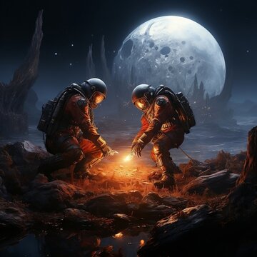 Illustration painting of exploration sci-fi concept of two astronauts found a dead spaceman in abandoned planet