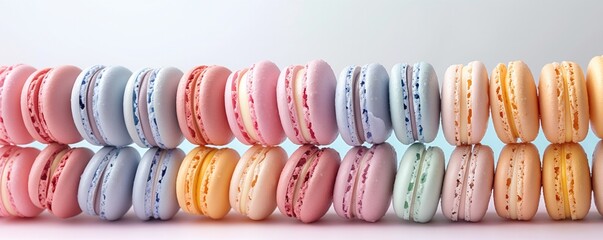 Colorful macarons in a row on gradient background