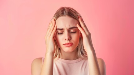 Woman with a headache touching temples. Close-up studio portrait with a pink background. Health and wellness concept. Design for medical brochure, health blog, stress relief advertisement