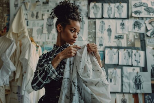 Thoughtful female fashion designer examines fabric amidst sketches in a creative atelier - Powered by Adobe