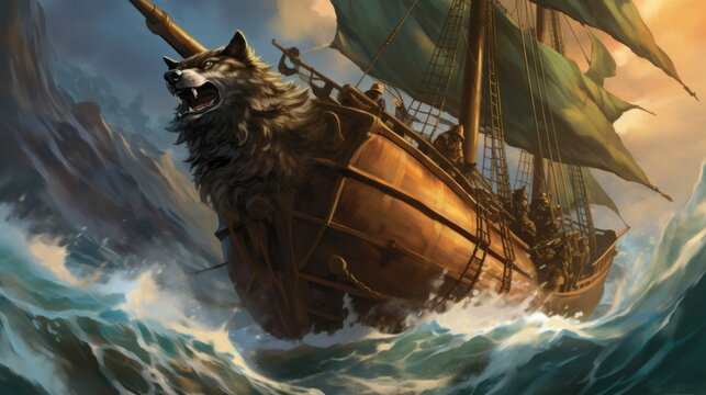 A ship with a wolf on it is sailing in the ocean. The wolf is looking at the camera and he is angry. Scene is intense and dramatic