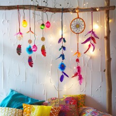 A cozy corner decorated with colorful bohemian dreamcatchers and festive lights, creating a warm and whimsical atmosphere