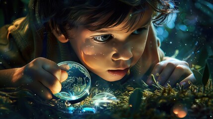 A curious child exploring the wonders of science through a magnifying glass, eyes wide with wonder.