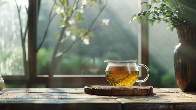 Transparent teapot with green tea on a bamboo mat in a serene setting with soft sunlight.