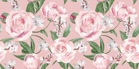 Seamless realistic pattern drawn with pink peonies in a classic oriental style