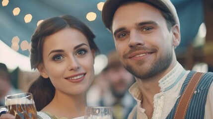 A man and a woman sharing a fun Oktoberfest event, smiling and holding glasses of beer 