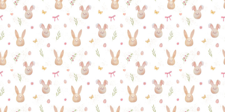 cute watercolor seamless pattern with bunny and flower and leaves on white background