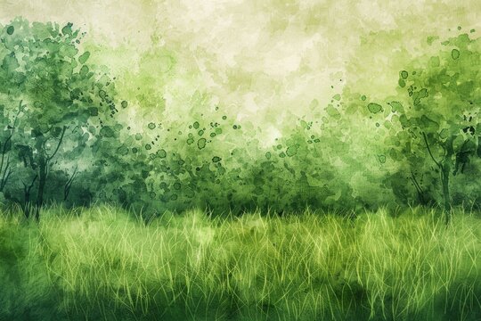 Green Watercolor Grass Field on Abstract Blurred Background. Aesthetic Landscape Element Featuring Dirty Watercolor Paper Texture