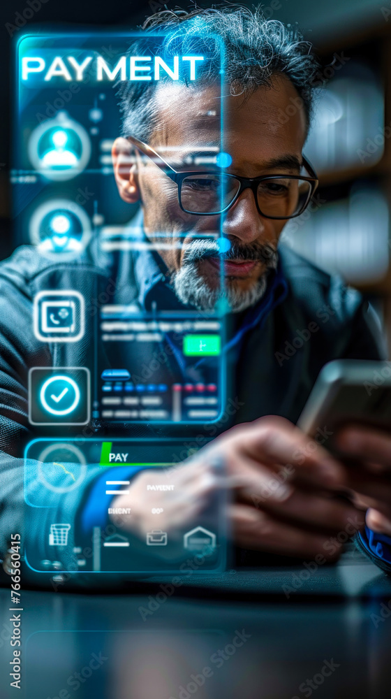 Poster executive completing a secure online payment transaction on smartphone with digital verification int