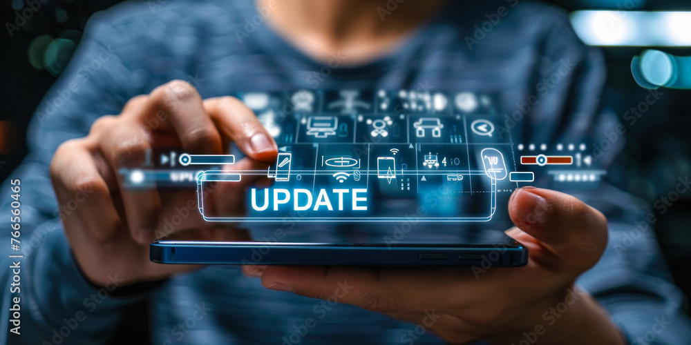 Poster individual interacting with smartphone during software update process displayed through augmented re
