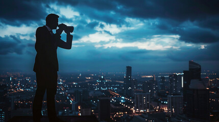 City Visionary: Businessman Silhouette with Binoculars and Urban Skyline
