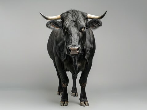 Isolated Black Bull. Close-up View of a Majestic and Powerful Bull on a Gray Background