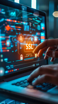 Secure Online Transactions Concept with Person Using Laptop Featuring SSL Encryption Digital Interface