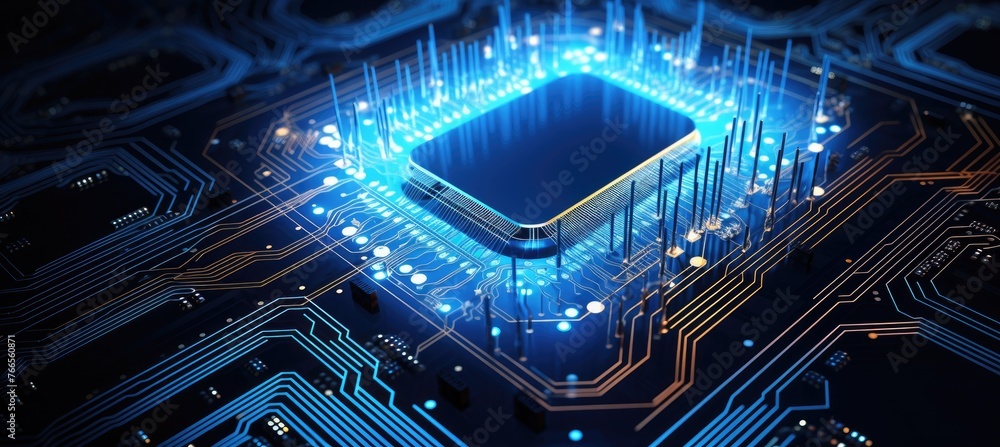 Fototapete Computer motherboard with CPU. Circuit board system chip with core processor. Computer technology background.