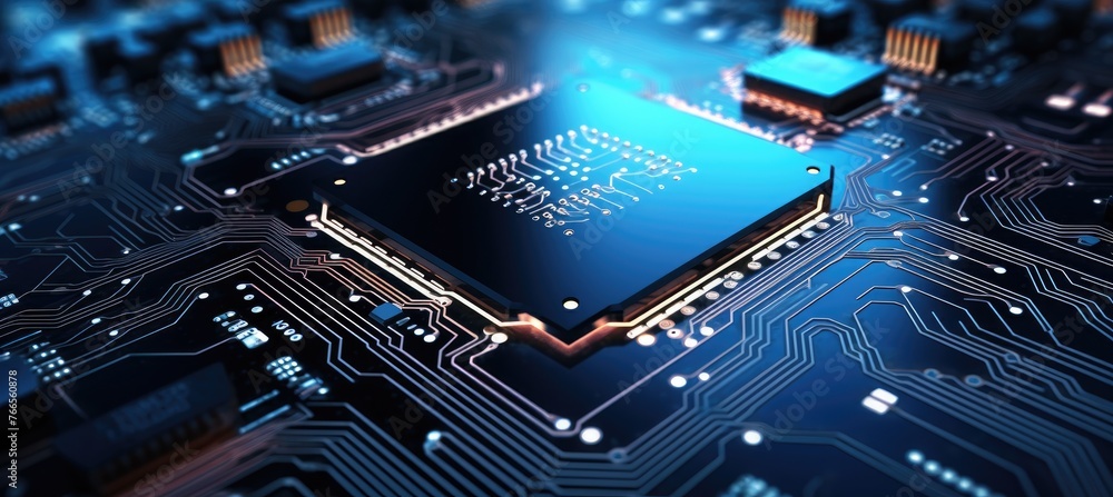 Aufkleber Computer motherboard with CPU. Circuit board system chip with core processor. Computer technology background.