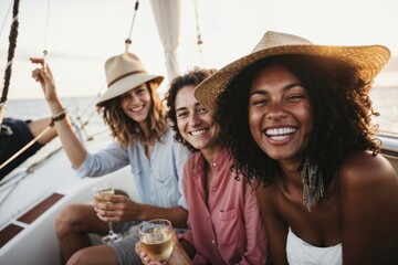 Joyful friends enjoying wine on sailboat at sunset - obrazy, fototapety, plakaty