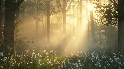 Beautiful nature at morning in the misty spring forest with sun