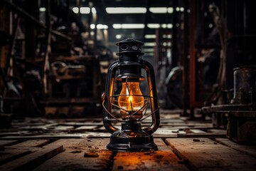 Historic safety lamp lighting up the rusty remnants of a bygone industrial era - obrazy, fototapety, plakaty