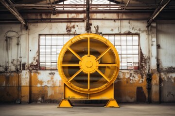 Industrial scenery featuring a large yellow ventilation fan amidst rusted pipes and worn-out brick walls - obrazy, fototapety, plakaty