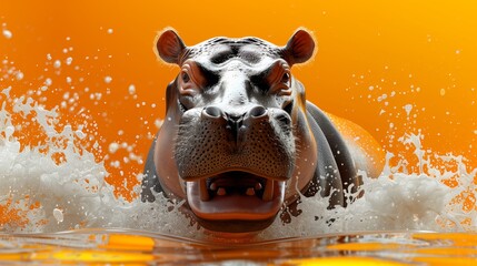 Playful hippopotamus swimming in orange water. Digital art piece featuring a hippo surrounded by splashes in vibrant orange water