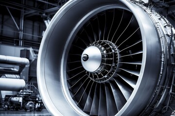Intricate Machinery of a Jet Engine with Turbofan and Turboprop Elements Displayed in an Aviation Hangar - obrazy, fototapety, plakaty
