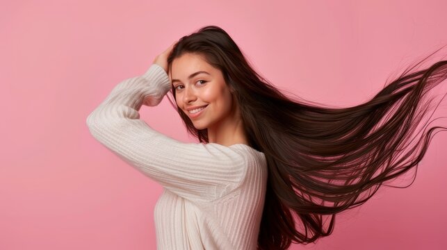 Cheerful young woman with flowing hair, joyful and carefree beauty concept, soft pink background, ideal for youthful lifestyle and haircare advertising