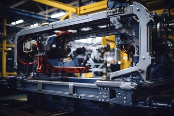 Industrial snapshot featuring a resilient steel chassis frame surrounded by various manufacturing components - obrazy, fototapety, plakaty
