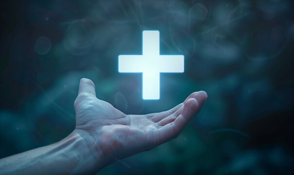 Hand with a glowing digital cross. Medical technology and virtual assistance concept. Design for surgical innovation advertisement, digital health care services, or telemedicine bann