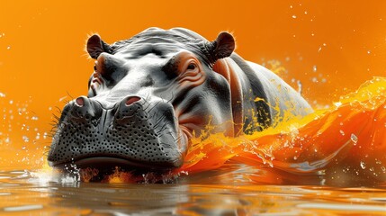 Majestic hippopotamus bathing in orange water. Striking 3d illustration of a hippo half-submerged in vibrant orange water with splashes around