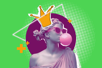 An antique female bust sculpture in modern sunglasses makes a bubble with the gum. Minimal pop culture concept art. Isolated on free PNG Background.