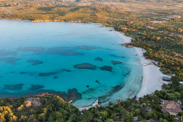 aerial full view of popular Porto Istana beach Olbia Sardinia