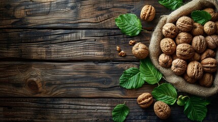 Walnuts in a Bag on Wooden Table