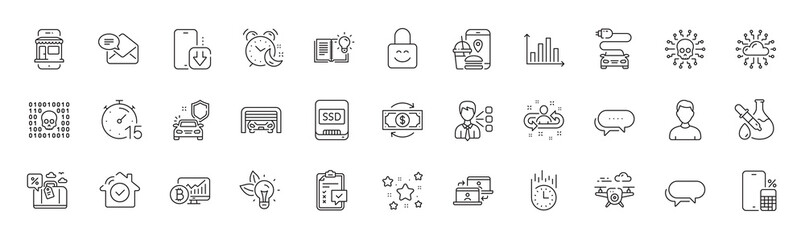 Food app, Cloud network and Parking garage line icons. Pack of Recruitment, Chemistry experiment, House security icon. Drone, Dots message, Stars pictogram. Car charge, Cyber attack. Vector