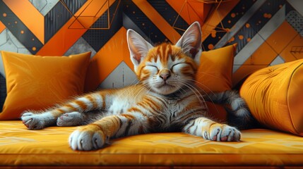 Contented kitten sleeping on yellow sofa: peaceful tabby kitten naps comfortably on a vibrant yellow couch with a modern geometric background - obrazy, fototapety, plakaty