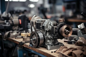 Fototapeta na wymiar Industrial machinery focus: The robust and intricate tool post grinder