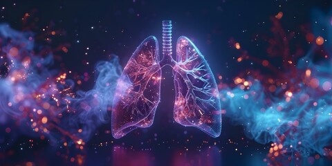 3D rendering of a holographic lung icon for diagnosing lung diseases like cancer pneumonia and viral infections. Concept Medical Illustration, Holographic Technology, Lung Diseases, 3D Rendering - obrazy, fototapety, plakaty