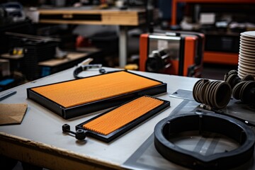 New air filter element on a workbench ready for machinery installation with the backdrop of tools and blueprints