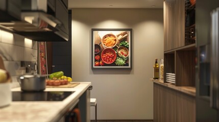 A contemporary kitchen design featuring a stainless steel frame mockup displaying culinary-themed artwork.